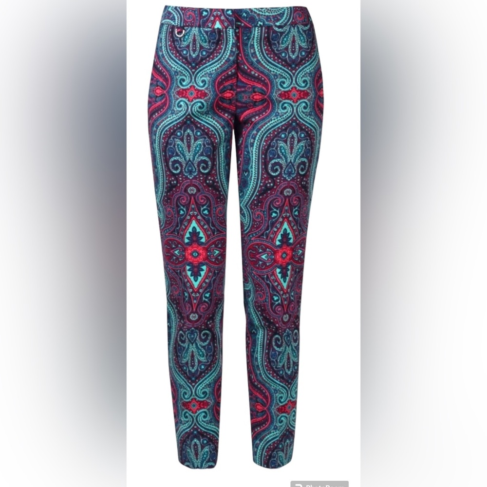 Adrianna Papell Size 6 Pants Boho Festival Colorful Paisley Stretch
